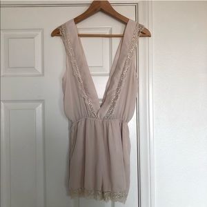 Honey Punch Deep V Creme Lace Romper